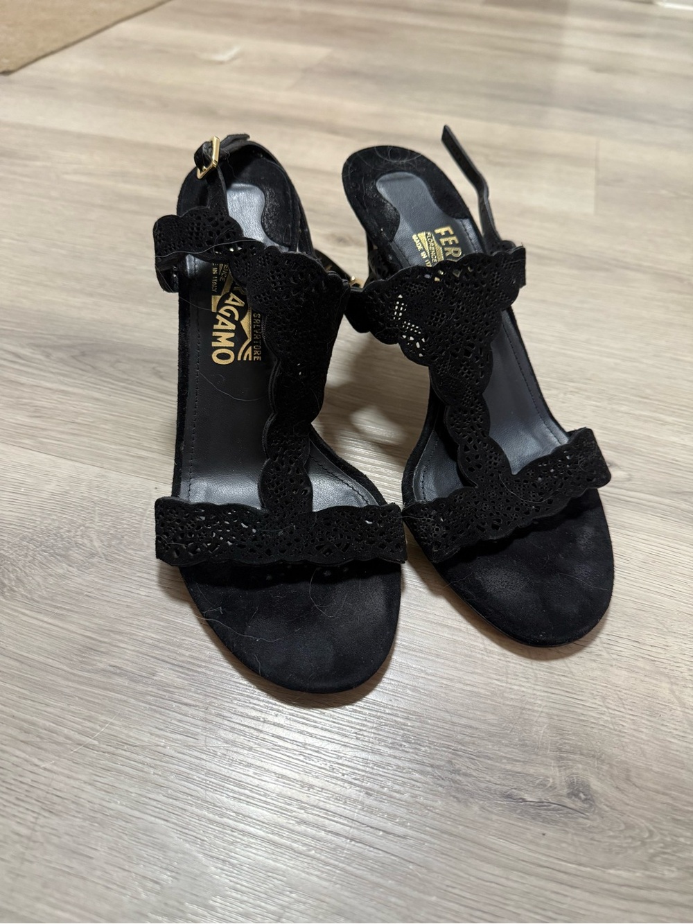 Salvatore Ferragamo Black Scalloped Suede T-Strap Heels